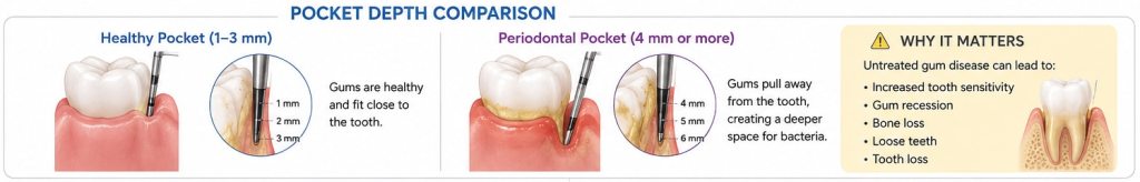 Illustration comparing healthier gum pocket depths with deeper periodontal pockets